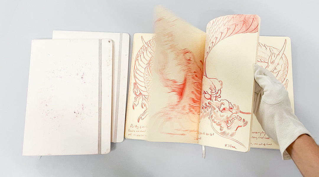 Bill Canales original sketchbooks with daily dragon sketches for tattoo inspiration