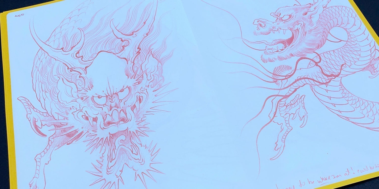 Two-page spread from Daily Dragon Sketches – Summer by Bill Canales, showing multiple dragon sketch studies.